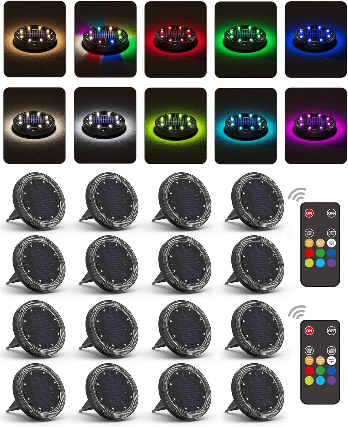Color Changing Solar Ground Lights with Remote, IP67 Waterproof, 16Pack
