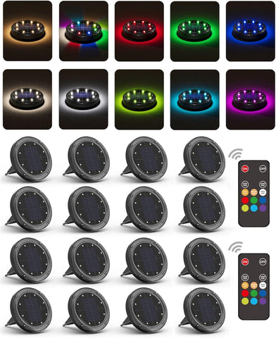 Color Changing Solar Ground Lights with Remote, IP67 Waterproof, 16Pack