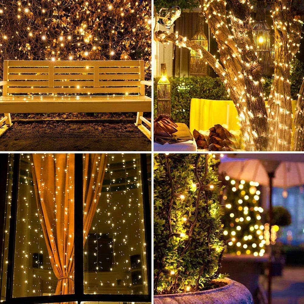 Collage of outdoor string lights in various settings including a bench, tree, window, and plant.