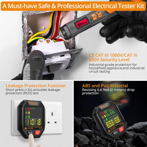 NEOTECK SOCKET TESTER WITH LCD DISPLAY & NON-CONTACT VOLTAGE TESTER PEN ORANGE 12-1000V AC DETECTOR KIT