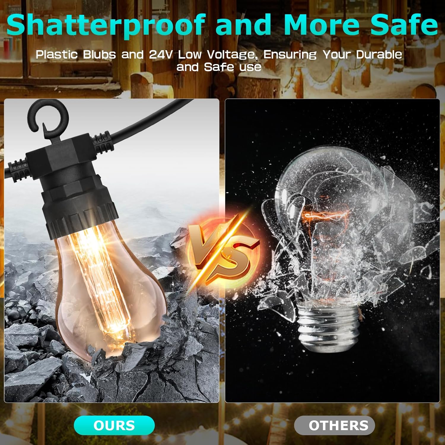 Light bulb with 'Shatterproof and More Safe' text, showing durability comparison.