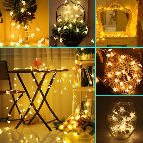Star Fairy String Lights – 6m 40 Warm White LED Stars, Battery Operated with Steady & Flashing Modes – Indoor & Outdoor Decorative Lighting