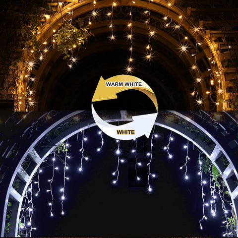 YOSION 500 LED Icicle Lights 15M/49ft – Warm White & White Colour Changing Curtain String Lights with Remote, Timer & Dimming for Christmas, Gardens & Gazebos - Turn Bare Spaces Into a Winter Glow