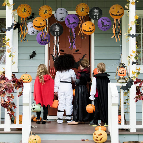 8-Piece Halloween Paper Lanterns with Pumpkin, Bat, Spider, Skeleton & Witch Designs – Foldable Hanging Halloween Decorations for Home, Garden, Parties & Trick-or-Treat Events