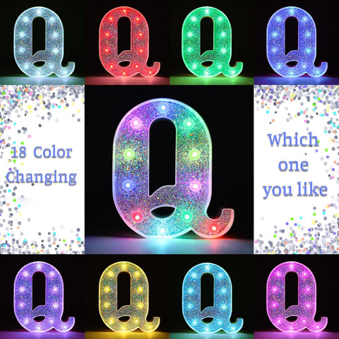 Q Style Color Changing LED Letter Light, Glitter Marquee Lamp with 18 Colors, Remote Controlled, Battery Powered Decorative Letter Light for Party, Wedding, Birthday and Home Decor