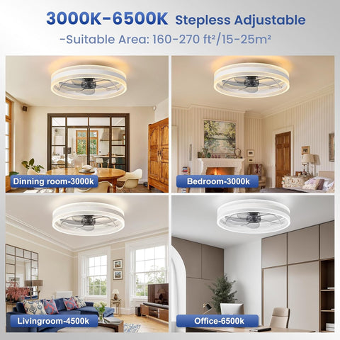 20" Ceiling Fan with Light 4000LM 50cm Remote & App Control Flush Mount 6 Speeds Dimmable Low Profile 3 Colours Reversible