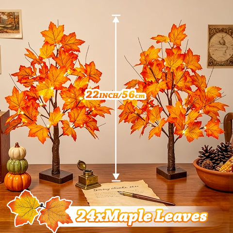 2 Pack 22" Lighted Maple Tree Fall Decor, Fall Tree with Lights Thanksgiving Decorations,24 LED Artificial Tree Battery Operated Centerpiece Table Decorations for Home Party Autumn Decor