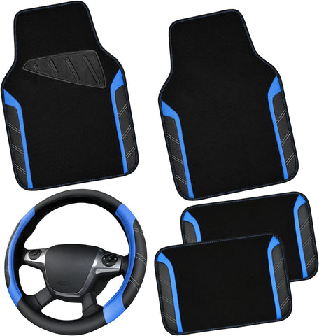 CAR PASS Leather Steering Wheel Cover and Waterproof Car Floor Mats Combo
