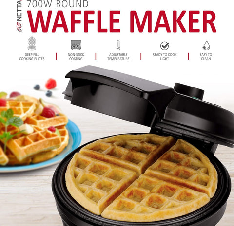 NETTA 700W Deep Fill Waffle Maker – Adjustable Temperature Control, Non-Stick Coating, Belgian & American Style Round Iron