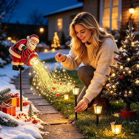 Solar Christmas Lights, Santa Garden Stake, Flowing LED Strings, with