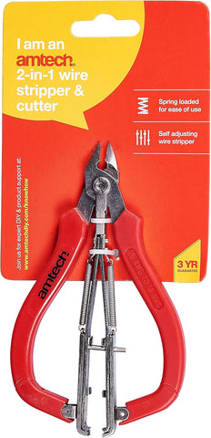 Amtech 2-in-1 Wire Stripper & Cutter Self-Adjusting 26–14 AWG Red Ergonomic Spring-Loaded Electrician Cable Tool for DIY & Trade Use
