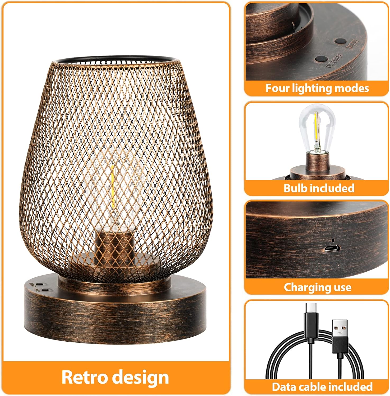 Retro design table lamp with mesh shade, bulb included, charging cable, and four lighting modes.
