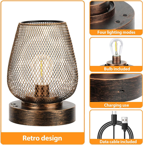 Retro design table lamp with mesh shade, bulb included, charging cable, and four lighting modes.
