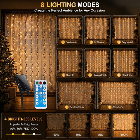 2m x 2m Solar Curtain Lights 204 LED Warm White Waterproof Outdoor Fairy Lights with Remote & 8 Modes – Make Your Garden Glow After Dark