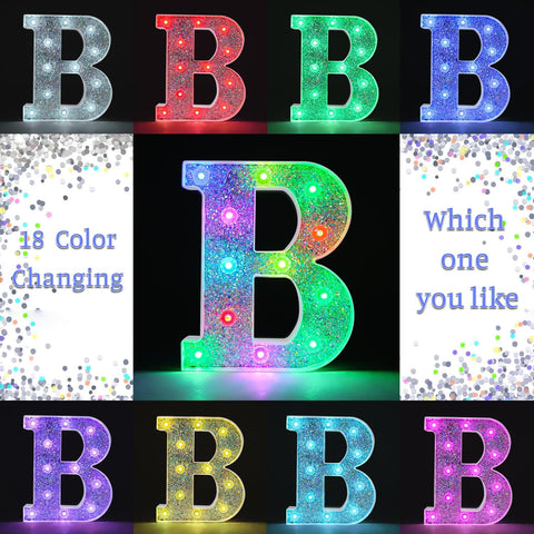 B Style Color Changing LED Letter Light, Glitter Marquee Lamp with 18 Colors, Remote Controlled, Battery Powered Decorative Letter Light for Party, Wedding, Birthday and Home Decor