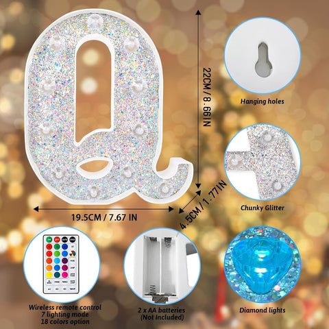 Q Style Color Changing LED Letter Light, Glitter Marquee Lamp with 18 Colors, Remote Controlled, Battery Powered Decorative Letter Light for Party, Wedding, Birthday and Home Decor