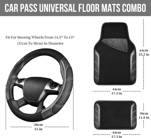 CAR PASS Leather Steering Wheel Cover and Car Floor Mats Set