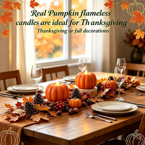 2 Pcs Pumpkin Flameless Candle with Remote, LED Battery Operated Real Wax 3D Flickering Pillar Candle, Autumn Halloween Thanksgiving Home Decoration Fall Gift for Indoor Farmhouse Decor