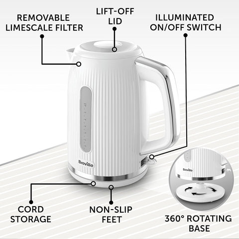 Bold White Electric Kettle – 1.7L Capacity, 3kW Fast Boil, Gloss Textured Design with Chrome Accents, Easy Clean & Cord Storage