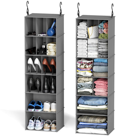 SpaceAid 2-Pack Hanging Closet Organiser, 24 Compartments with Dividers, Black Non-Woven Fabric Storage Shelves for Shoes, Clothes, Wardrobes and RVs