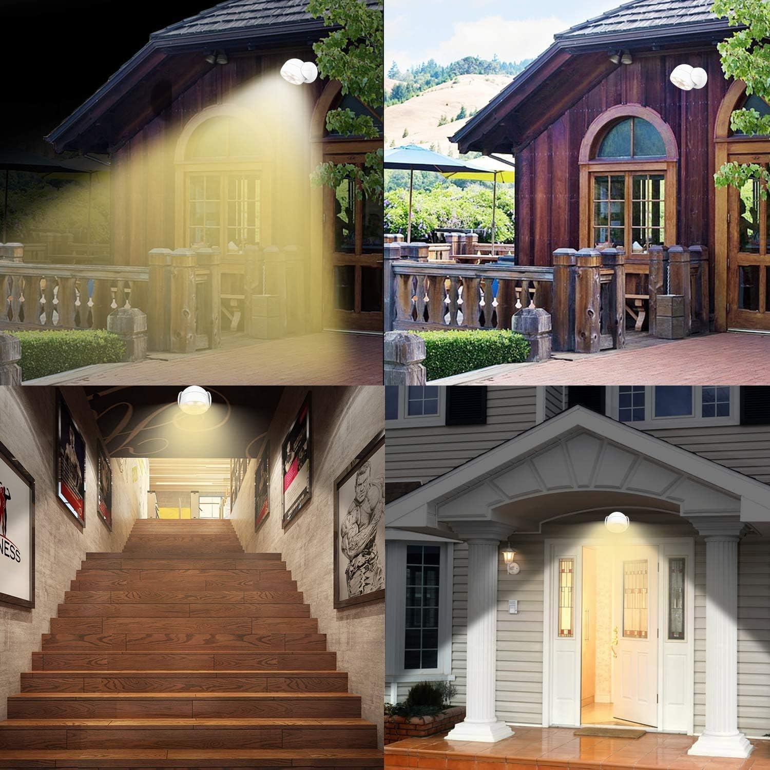 Collage of outdoor and indoor lighting fixtures on various architectural elements.