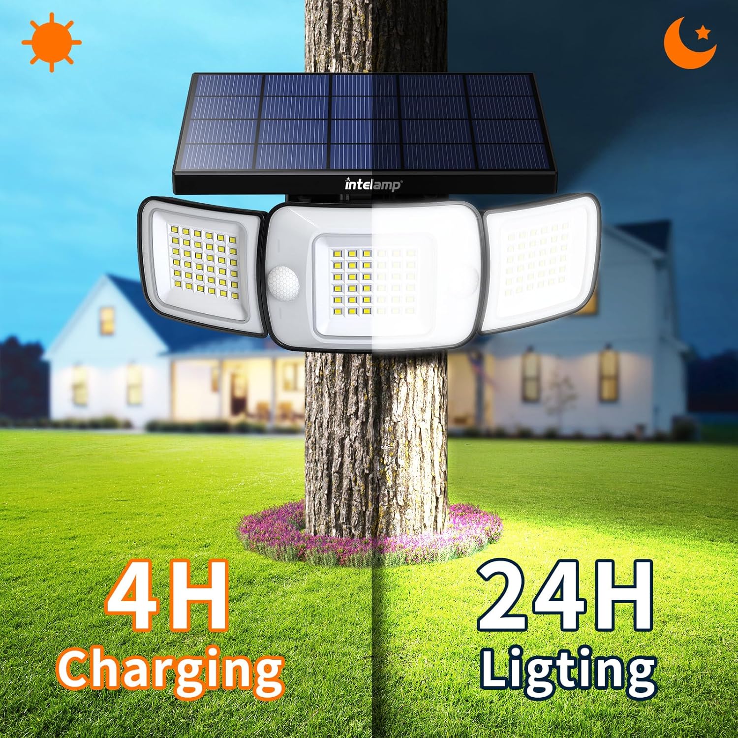 Solar light fixture attached to a tree with a house in the background, highlighting charging and lighting duration.