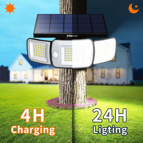 Solar light fixture attached to a tree with a house in the background, highlighting charging and lighting duration.