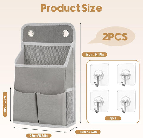 2 Pack Foldable Wall Hanging Storage Bags with 4 Hooks, Cotton-Linen Organisers with Waterproof PE Lining, 3 Pockets Each for Bathroom, Bedroom and Wardrobe, Beige