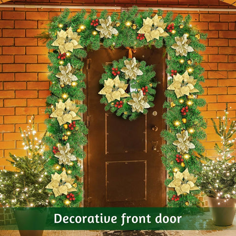 9FT Gold Christmas Garland with LED Lights – Festive Indoor Outdoor Decor