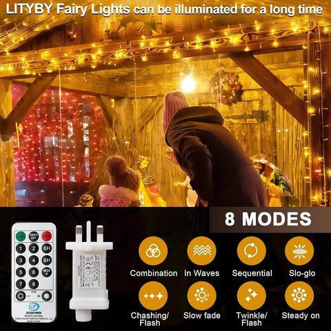 LITYBY 15m 120 LED Warm White Fairy Lights – Waterproof Plug-In String Lights with 8 Lighting Modes, Remote Control & Timer for Indoor & Outdoor Christmas Decorations