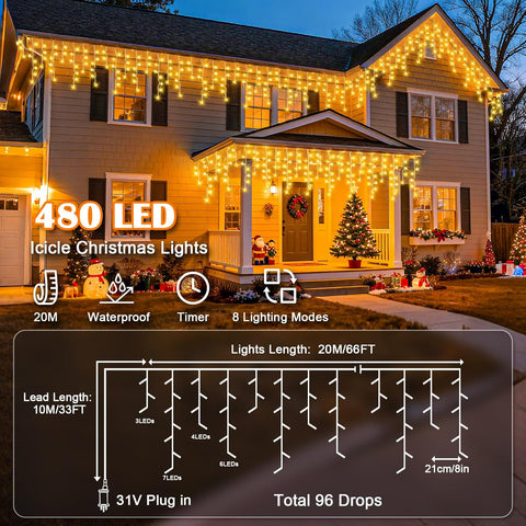 20M Warm White Icicle Lights Outdoor – 480 LED Waterproof Fairy Lights with Timer