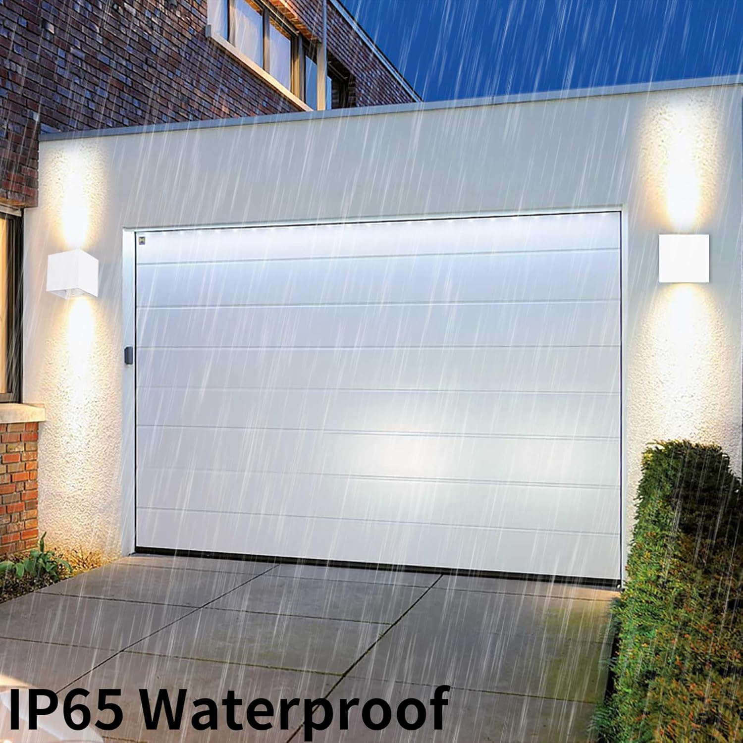 Modern garage door with rain simulation effect on a residential building exterior.