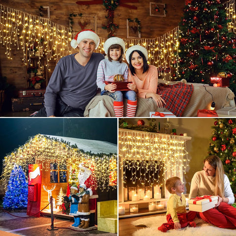 5M 216 LED Outdoor Icicle Christmas Lights – Warm White Plug In Fairy Lights with Timer, 8 Modes & IP44 Water Resistant Design - Turn Your Home Into a Winter Wonderland