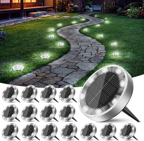 Peasur - Solar Ground Lights Outdoor, 16 Pack Solar Powered Flat Disk Lights, IP68 Waterproof, Anti-Rust, Landscape Lighting for Pathway, Garden