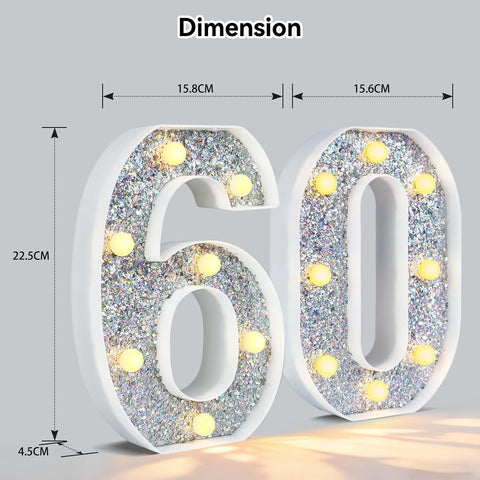 Silver Glitter Light up Numbers,8.86 Inch Marquee Number Lights for Baby Shower Birthday Wedding Anniversary Party Home Wall Decorations, Lighted Numbers as Gift for Girls Daughter, Number 60