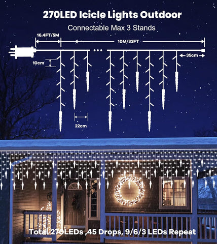 10M/33FT LED Icicle Christmas Lights – 270 Cool White LEDs, 45 Drops, 8 Modes, Remote & Timer for Outdoor Eaves & Roof Decorations - Turn Your Home Into a Winter Glow