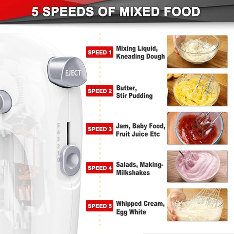 400W Hand Mixer Electric Whisk – 5 Speeds, Turbo Boost & Eject Button, 5 Accessories for Baking Cake, Egg & Cream