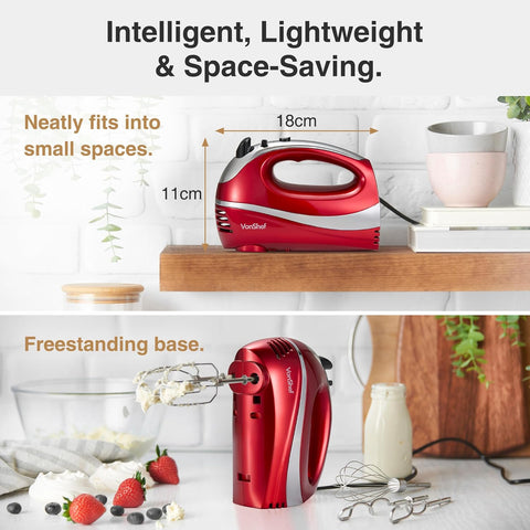 VonShef Hand Mixer Electric Whisk – 300W Food Mixer for Baking, 5 Speeds, Turbo Boost, Eject Button, 2 Beaters, 2 Hooks & Whisk – Red