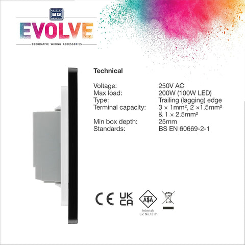 BG Electrical Single Master/Primary Touch Dimmer Wall Light Switch, 2-Way, Trailing Edge, Screwless Front Plate, Evolve, Polished Copper, 200W, PCDCPTDM1B