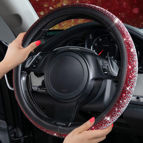 Bling Diamond Leather Steering Wheel Cover Red Silver