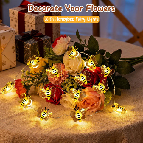 10ft 30 LED Bee String Fairy Lights | Battery Operated Cute Bee Decor Lights for Bedroom, Plants, Patio, Parties & Gifts