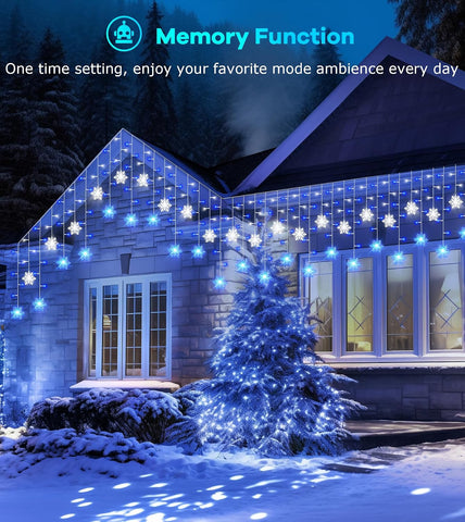 Icicle Outdoor Christmas Lights with Snowflake 10.7M 240 LED – Waterproof Connectable Blue White Lights with Remote, Timer & 8 Modes for Eaves, Windows & Roofs - Turn Dark Winter Evenings Into a Sparkling Welcome