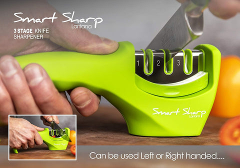 Smart Sharp 3-Stage Professional Knife Sharpener – Manual Kitchen Knife Sharpener with Ceramic Stone, Tungsten Carbide & Diamond Rods – Non-Slip Ergonomic Handle (Green)