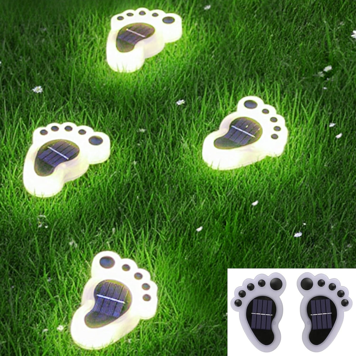 Led Footprint Solar Lights(Cold White), Waterproof Outdoor Gardent Lights, Lawn Landscape Path Light(4-Pack)