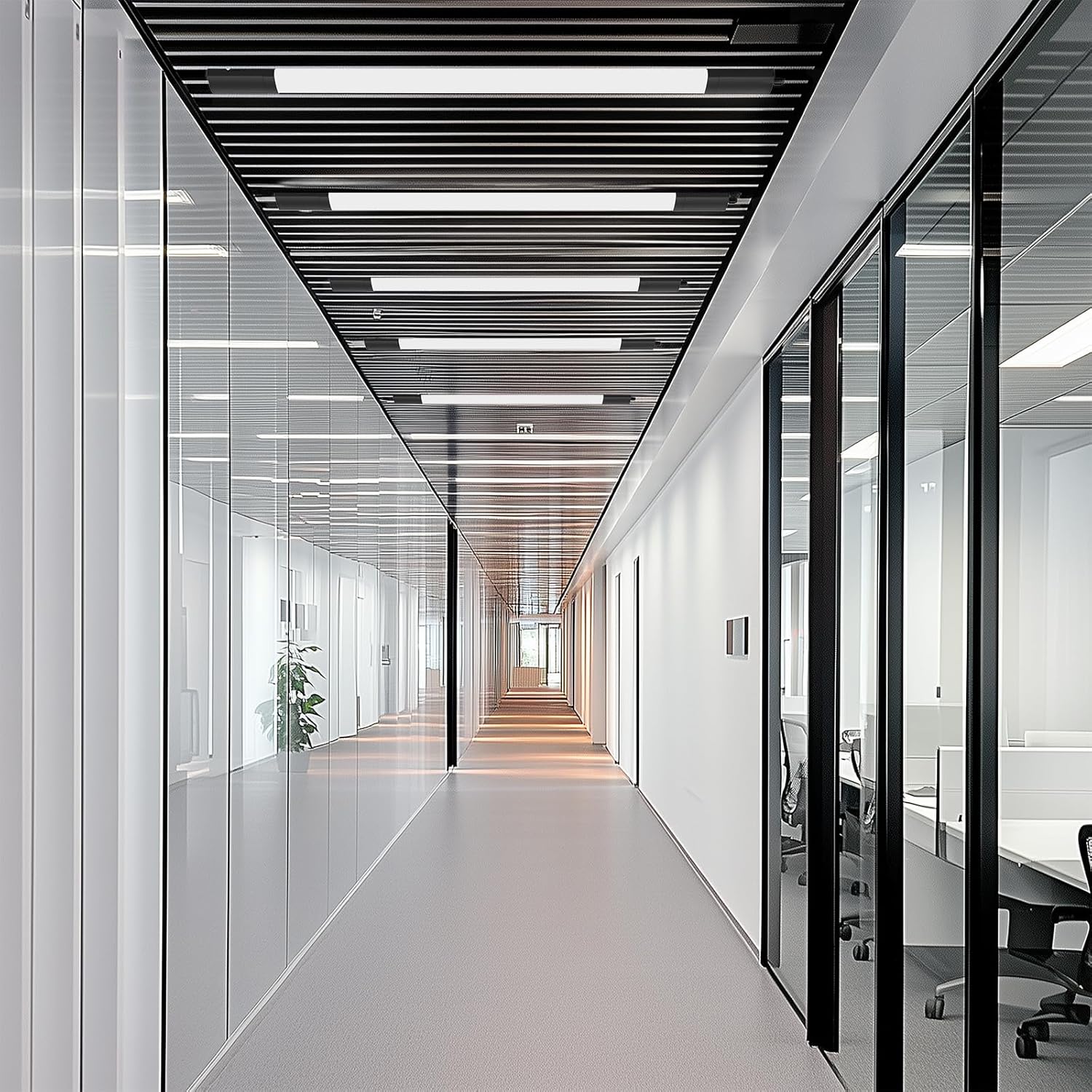Modern office hallway with glass walls and ceiling lights