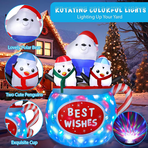 6FT Christmas Inflatable Polar Bear & Penguins Decoration with LED Lights