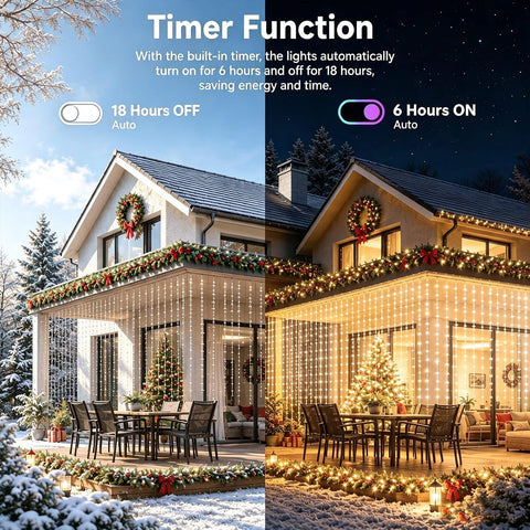 Yowin 600 LED Curtain Lights 6m x 3m Warm White Plug-In Christmas Fairy Lights – Transform Windows, Garden Fences & Party Spaces into a Soft Glow of Festive Magic