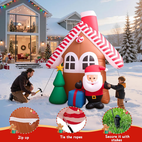 7FT Inflatable Christmas House with Santa Claus & Tree, Built-in LED Lights, Durable Outdoor Inflatable Xmas Decoration for Garden, Lawn, Patio & Holiday Parties