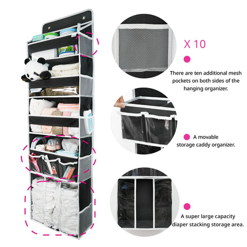 EZVERY Over the Door Baby Nappy Organiser, Beige Hanging Nursery Storage with 3 Bins, Removable Nappy Caddy and 10 Mesh Side Pockets
