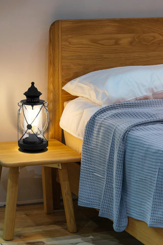 EGLO Bradford Vintage Table Lamp – Black Lantern Light with Clear Glass, E27 Socket & In-Line Switch for Bedroom, Living Room & Hallway